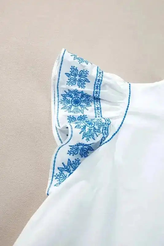 Belle White Embroidered Blouse - Ruffled-Sleeve Frilled-Collar
