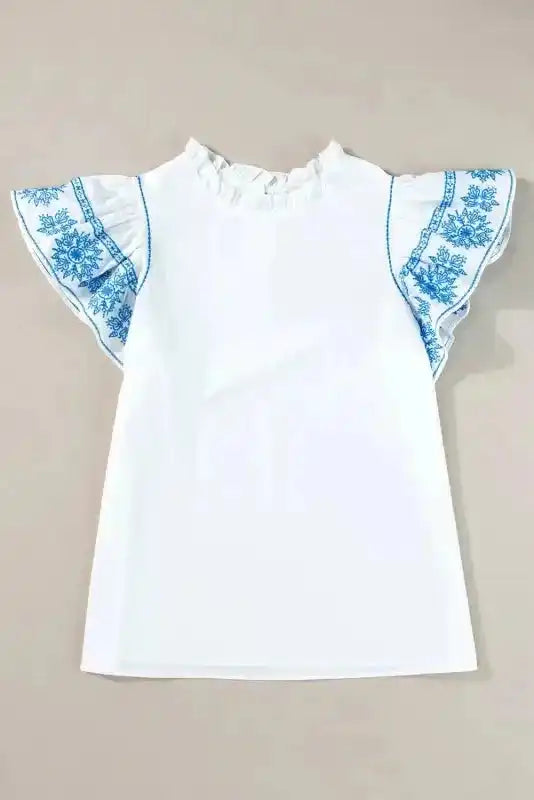 Belle White Embroidered Blouse - Ruffled-Sleeve Frilled-Collar