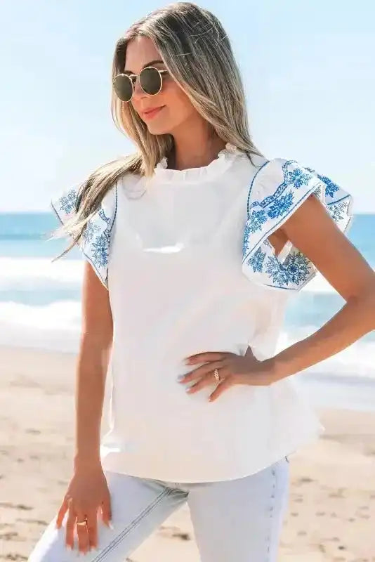 Belle White Embroidered Blouse - Ruffled-Sleeve Frilled-Collar