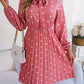 Women’s Polka Dot Pleated Dress – Self-Tie Waist & Long Sleeves