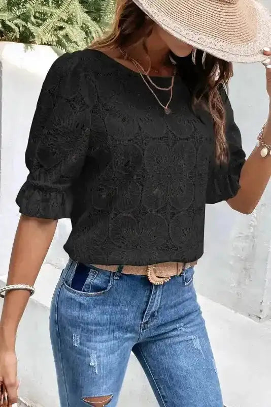 Black Flower Eyelet Jacquard Top