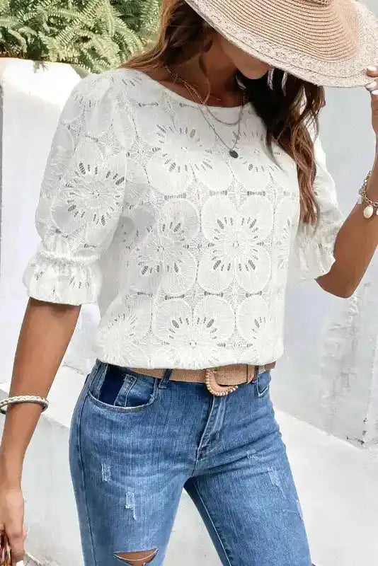 Black Flower Eyelet Jacquard Top