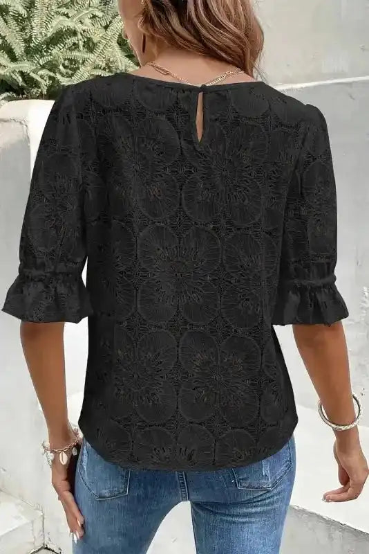 Black Flower Eyelet Jacquard Top
