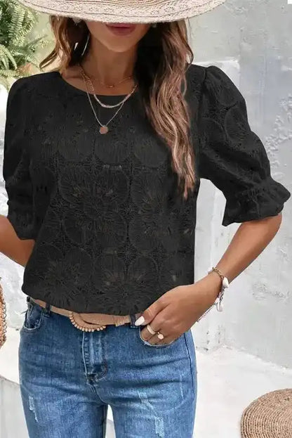 Black Flower Eyelet Jacquard Top