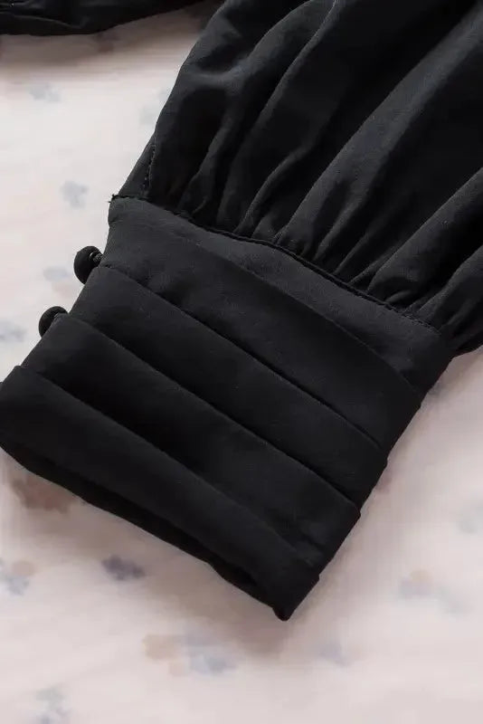 Black Pleated Loose Blouse - Padded Shoulder Buttoned Cuffs