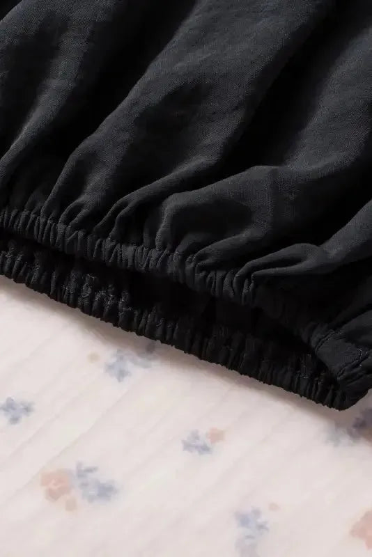 Black Pleated Loose Blouse - Padded Shoulder Buttoned Cuffs