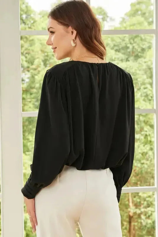 Black Pleated Loose Blouse - Padded Shoulder Buttoned Cuffs