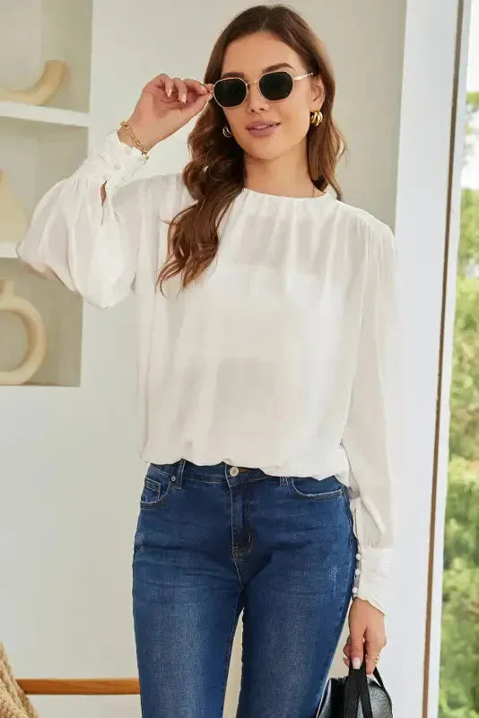 Black Pleated Loose Blouse - Padded Shoulder Buttoned Cuffs