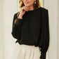Black Pleated Loose Blouse - Padded Shoulder Buttoned Cuffs