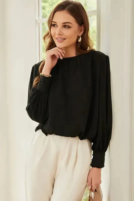 Black Pleated Loose Blouse - Padded Shoulder Buttoned Cuffs