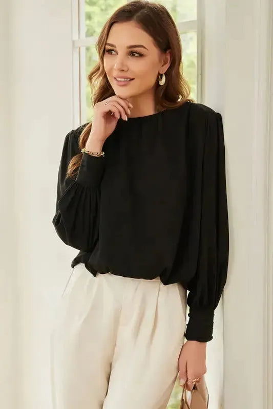 Black Pleated Loose Blouse - Padded Shoulder Buttoned Cuffs