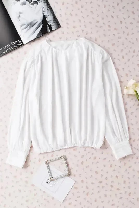 Black Pleated Loose Blouse - Padded Shoulder Buttoned Cuffs