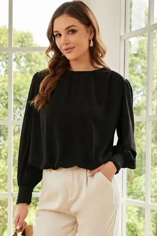Black Pleated Loose Blouse - Padded Shoulder Buttoned Cuffs