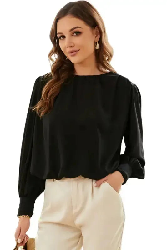 Black Pleated Loose Blouse - Padded Shoulder Buttoned Cuffs