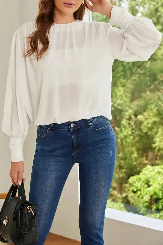 Black Pleated Loose Blouse - Padded Shoulder Buttoned Cuffs