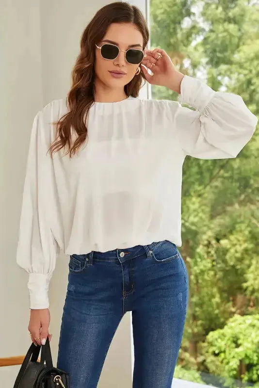 Black Pleated Loose Blouse - Padded Shoulder Buttoned Cuffs