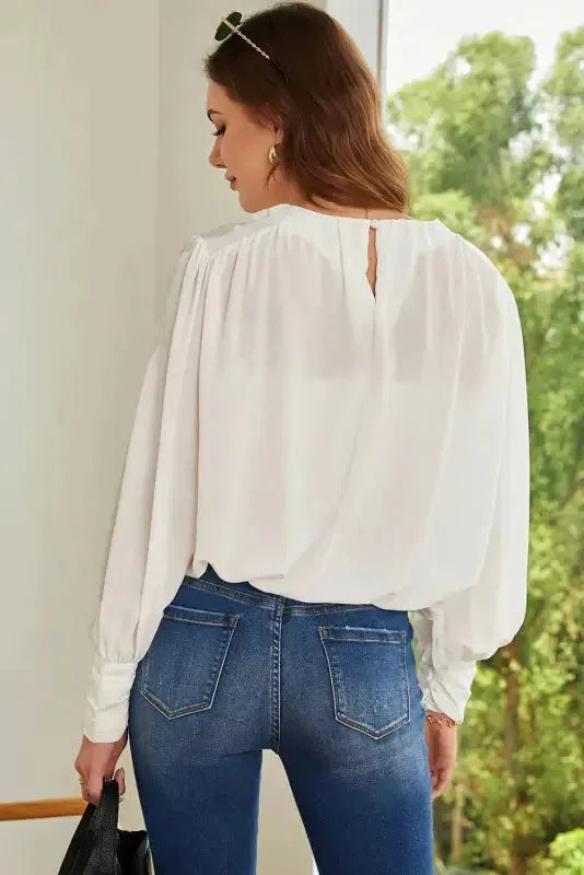Black Pleated Loose Blouse - Padded Shoulder Buttoned Cuffs