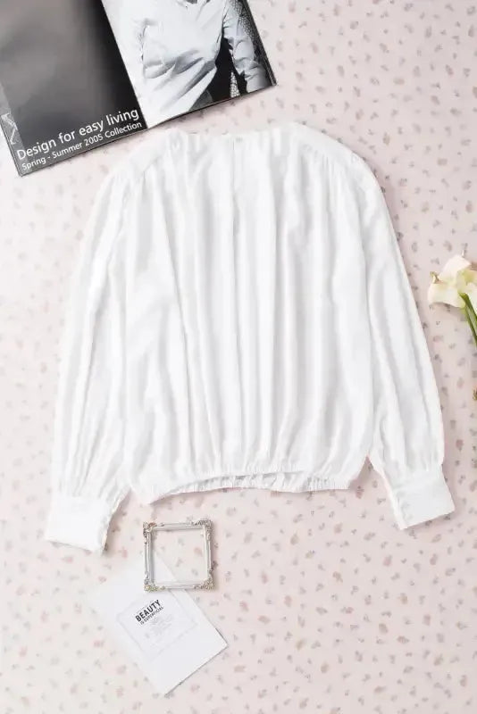Black Pleated Loose Blouse - Padded Shoulder Buttoned Cuffs