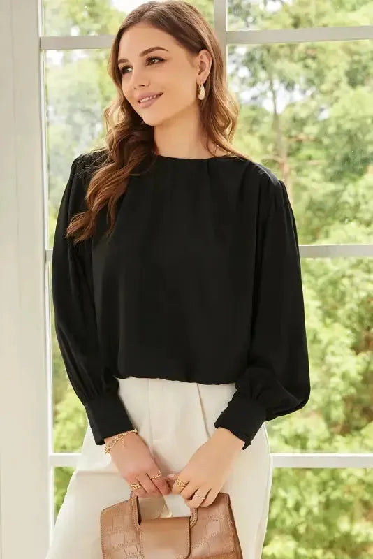 Black Pleated Loose Blouse - Padded Shoulder Buttoned Cuffs