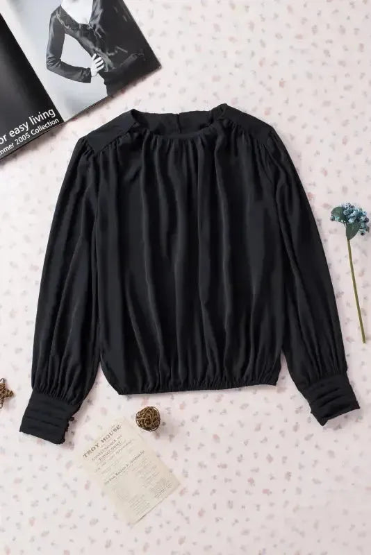 Black Pleated Loose Blouse - Padded Shoulder Buttoned Cuffs