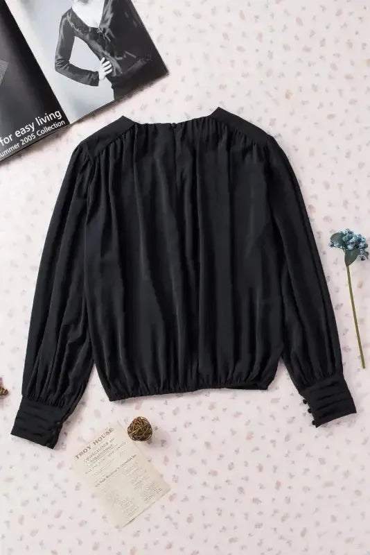 Black Pleated Loose Blouse - Padded Shoulder Buttoned Cuffs