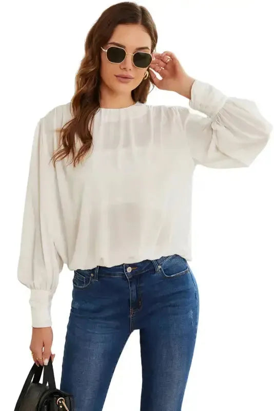 Black Pleated Loose Blouse - Padded Shoulder Buttoned Cuffs