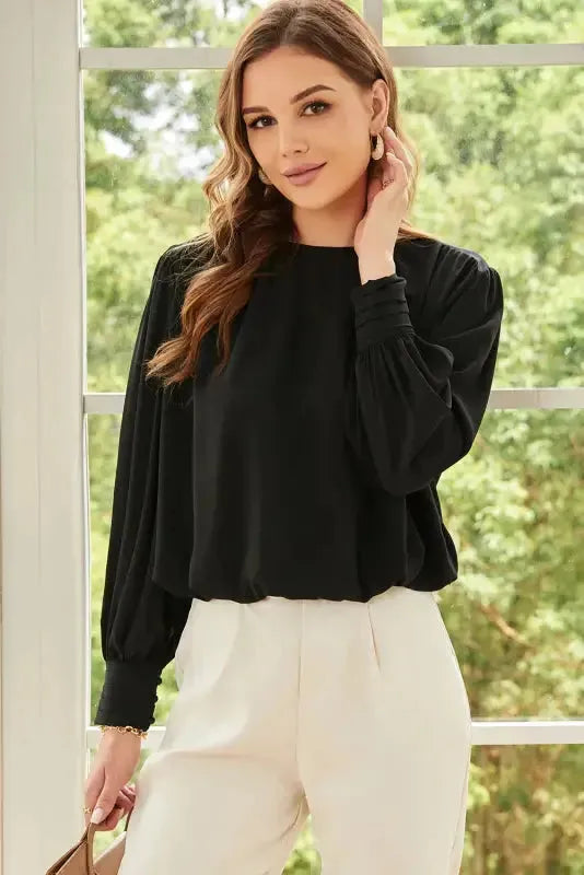 Black Pleated Loose Blouse - Padded Shoulder Buttoned Cuffs
