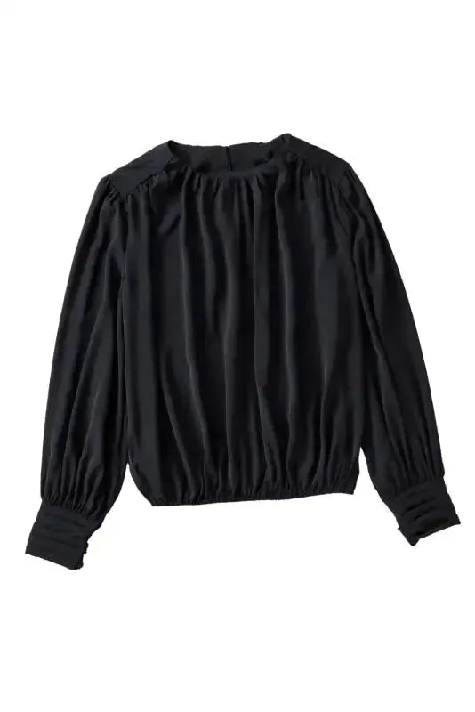 Black Pleated Loose Blouse - Padded Shoulder Buttoned Cuffs