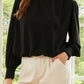 Black Pleated Loose Blouse - Padded Shoulder Buttoned Cuffs
