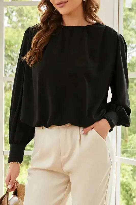 Black Pleated Loose Blouse - Padded Shoulder Buttoned Cuffs