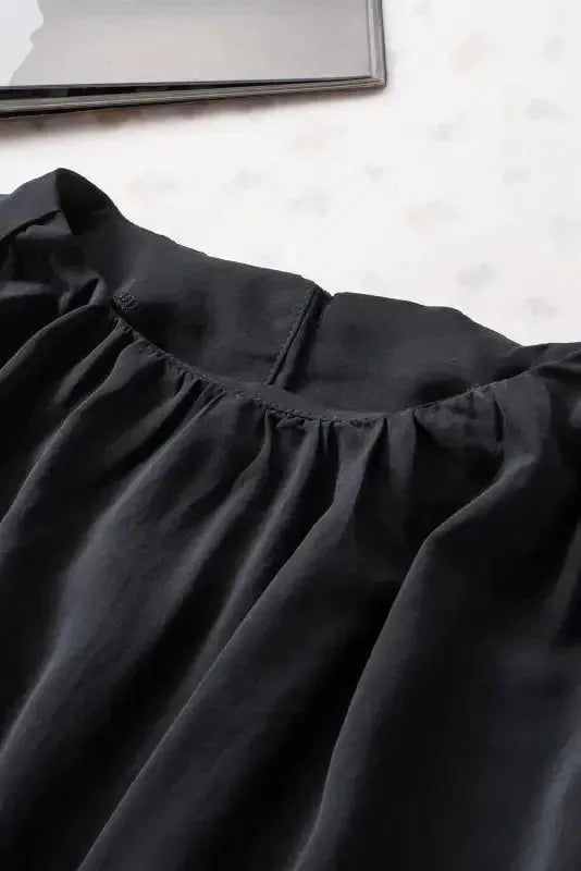 Black Pleated Loose Blouse - Padded Shoulder Buttoned Cuffs