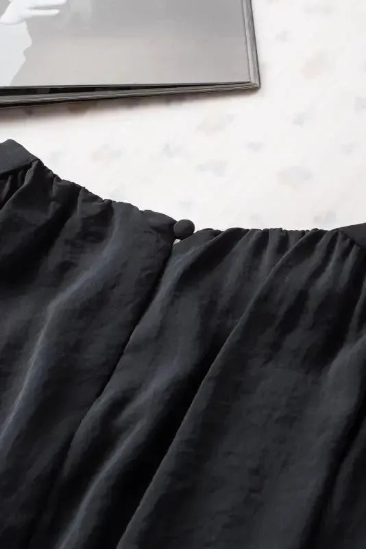 Black Pleated Loose Blouse - Padded Shoulder Buttoned Cuffs