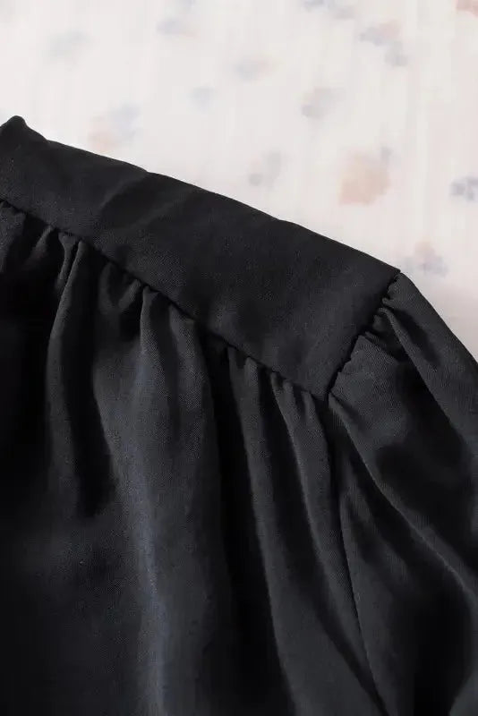 Black Pleated Loose Blouse - Padded Shoulder Buttoned Cuffs