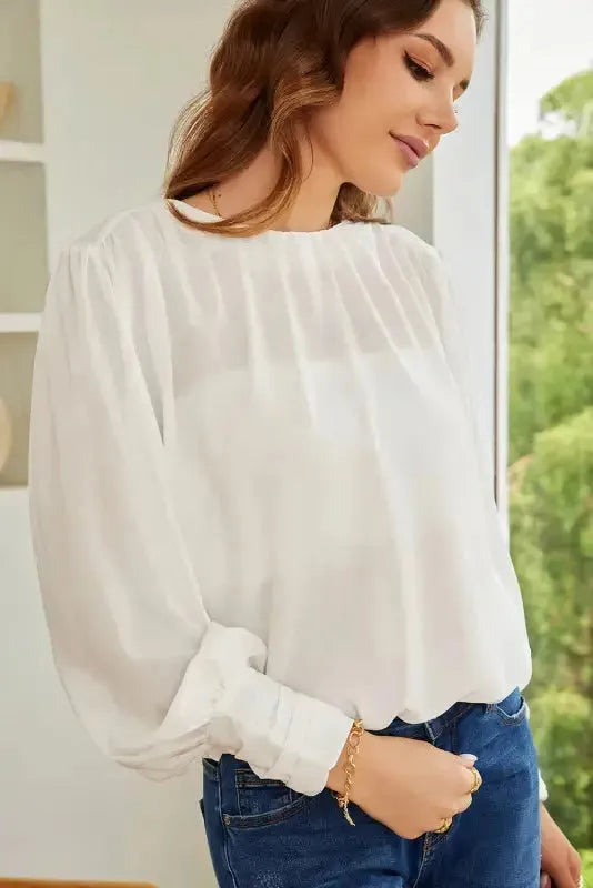 Black Pleated Loose Blouse - Padded Shoulder Buttoned Cuffs