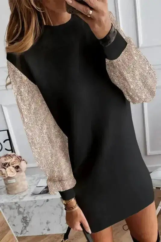 Black Shift Mini Dress – Sequin Balloon Sleeves