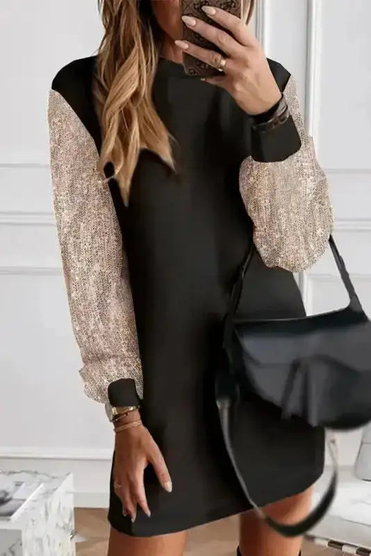 Black Shift Mini Dress – Sequin Balloon Sleeves