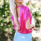 Bright Pink Satin Backless Blouse  Ruched Sleeves