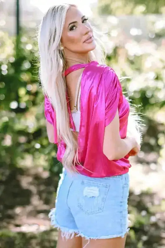 Bright Pink Satin Backless Blouse  Ruched Sleeves