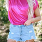 Bright Pink Satin Backless Blouse  Ruched Sleeves