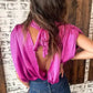Bright Pink Satin Backless Blouse  Ruched Sleeves