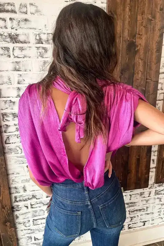 Bright Pink Satin Backless Blouse  Ruched Sleeves