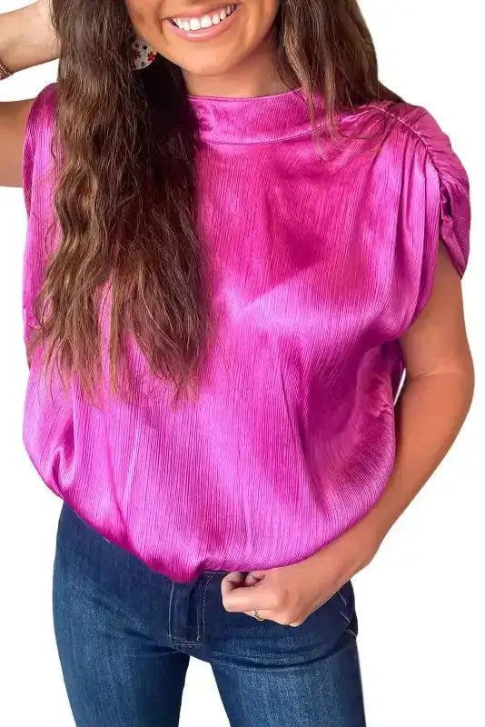 Bright Pink Satin Backless Blouse  Ruched Sleeves