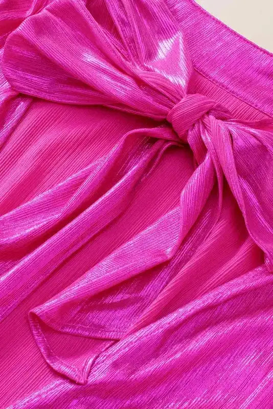 Bright Pink Satin Backless Blouse  Ruched Sleeves