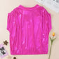 Bright Pink Satin Backless Blouse  Ruched Sleeves
