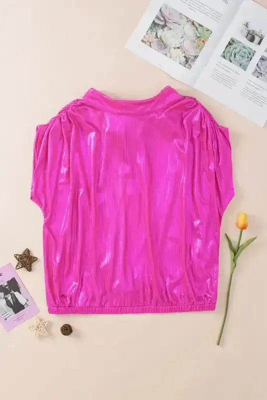 Bright Pink Satin Backless Blouse  Ruched Sleeves