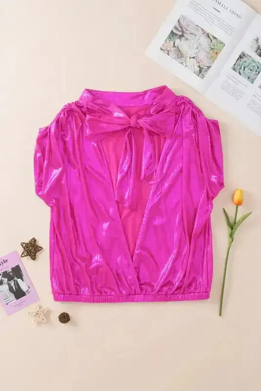 Bright Pink Satin Backless Blouse  Ruched Sleeves