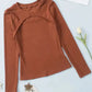 Brown Ribbed Peekaboo Cutout Long Sleeve Top
