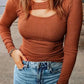 Brown Ribbed Peekaboo Cutout Long Sleeve Top