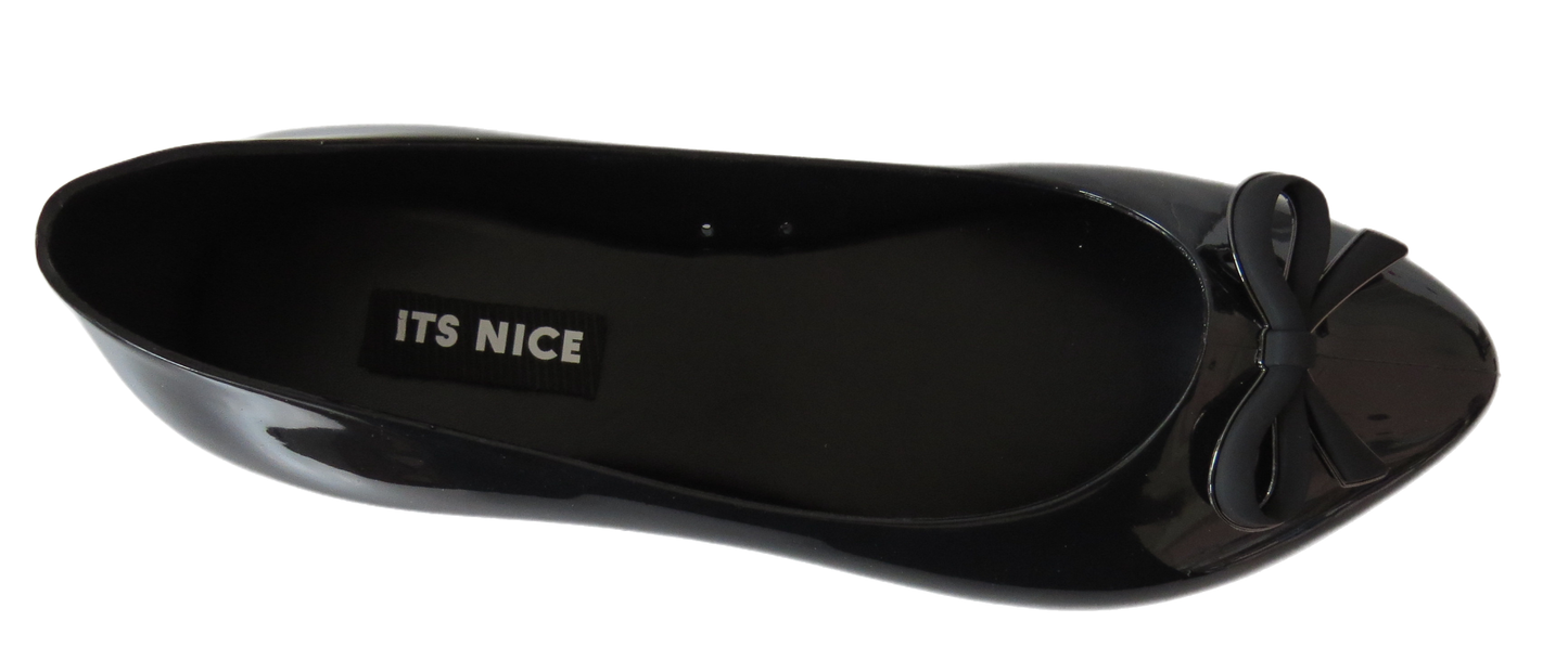 Ladies Chic Black Jelly Flat Shoes with Bow Comfortable Foam Insole