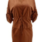 Casual Solid Drawstring Waist V Neck Rollable Sleeve Dress, Women's Clothing